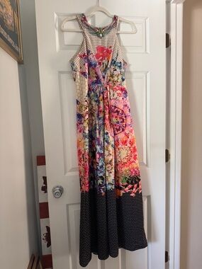 Ranna Gill Multicolor Floral & Polka Dot Maxi Dress with beaded neck